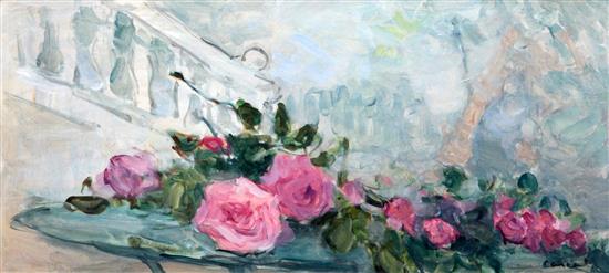 Leopold Pascal, (French, 1900-1957) Still life of flowers on ledges, 9.5 x 20.5in.